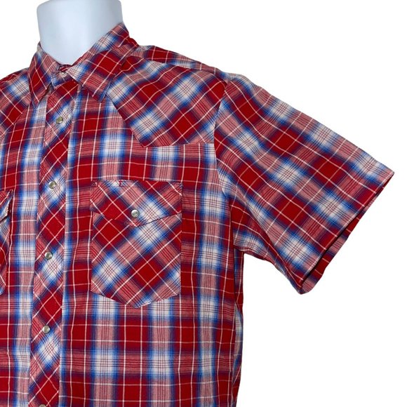 Wrangler Pearl Snap Red White Blue Patriotic USA Light Plaid Western Shirt M - Picture 5 of 10